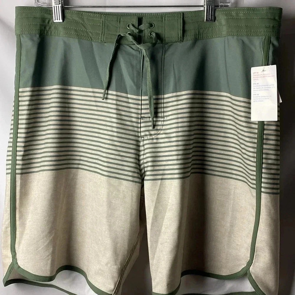 NWT OLD NAVY MENS SIZE 36 SWIM TRUNKS 9” INSEAM OLIVE GREEN TAN STRIPES - Picture 3 of 14